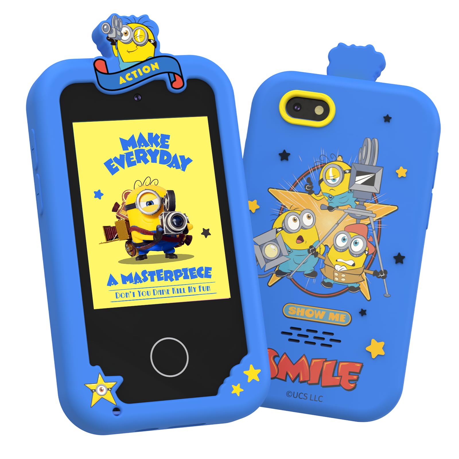 KOKODI Kids Smart Phone Toys, Minions Collab Birthday Gifts for 3 4 5 6 7 8 Year Old Boys, Touchscreen HD Digital Dual Video Camera, Preschool Learning Toy for Kids 3-5 Travel Trip Activity (Blue)