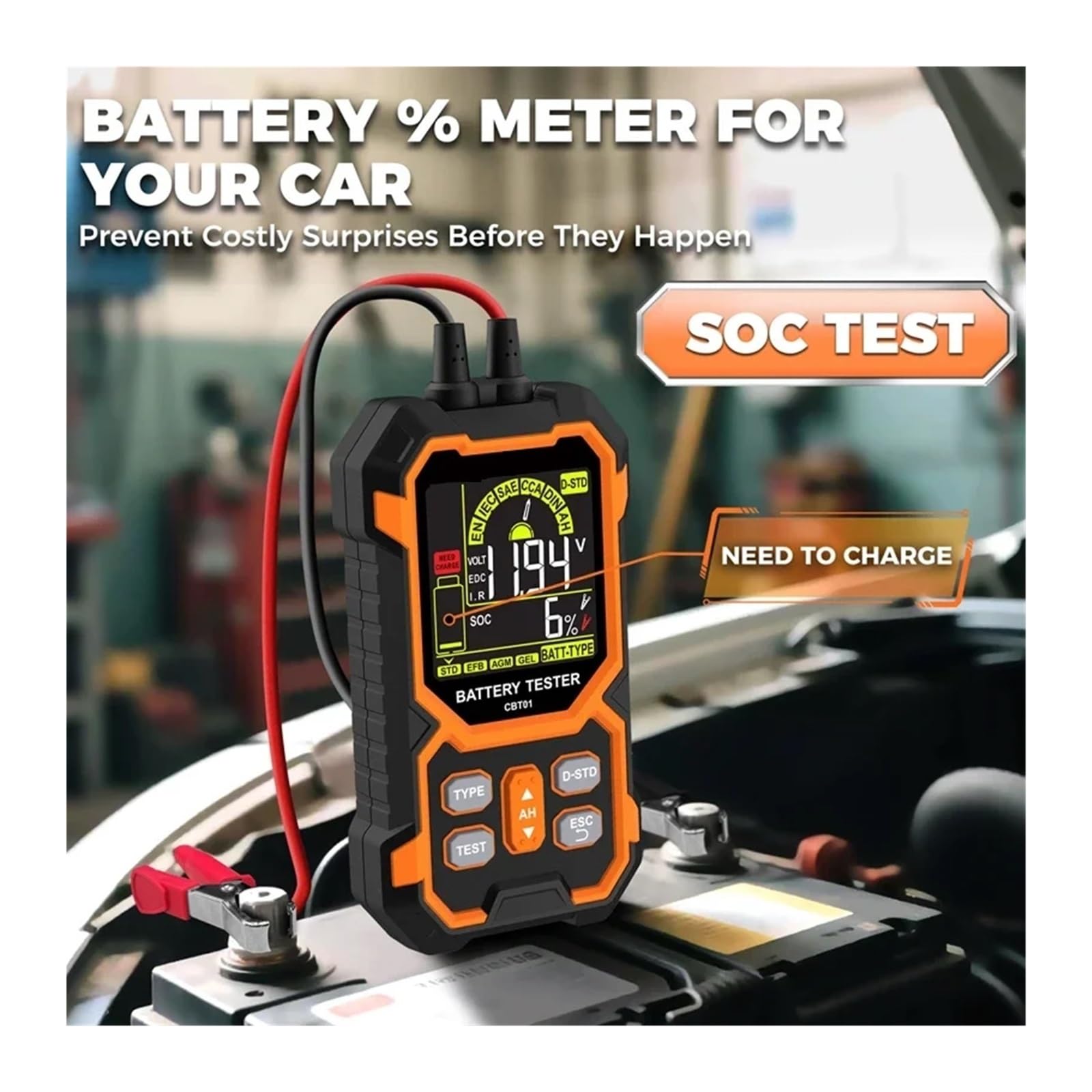 Tester baterii, CBT01 12V/24V Cyfrowy tester akumulatorów samochodowych DC 8-30V Narzędzie we do samochodów, motocykli, łodzi, SUV-ów, ciężarówek Analizator akumulatorów kwasowo-ołowiowych