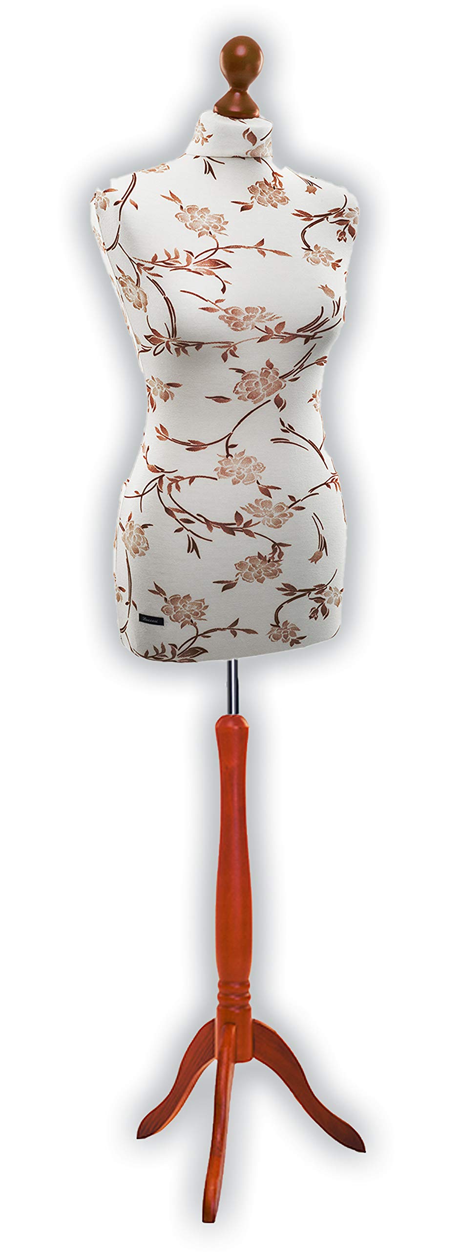 Schneiderpuppe / zum Probierpreis! / LUCCESI / Größen S - XL (Female) / Torso Size: S (34-36) / Wechselbezug Creme-Weiss/florales Muster (braun) / Standfuss Calvados / Schaufensterpuppe