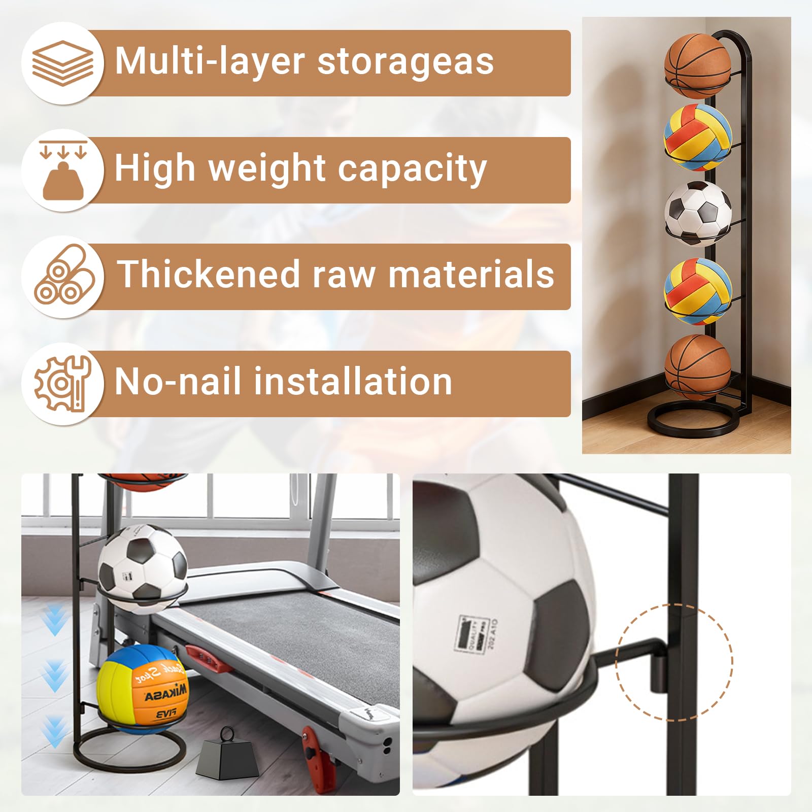 Veebmys 5 Niveles Estante Vertical de Metal, Soporte Extraíble y Compacto, Estante Robusto para Almacenaje de Pelotas, para Baloncesto, Fútbol, Voleibol, Gimnasio — view 4
