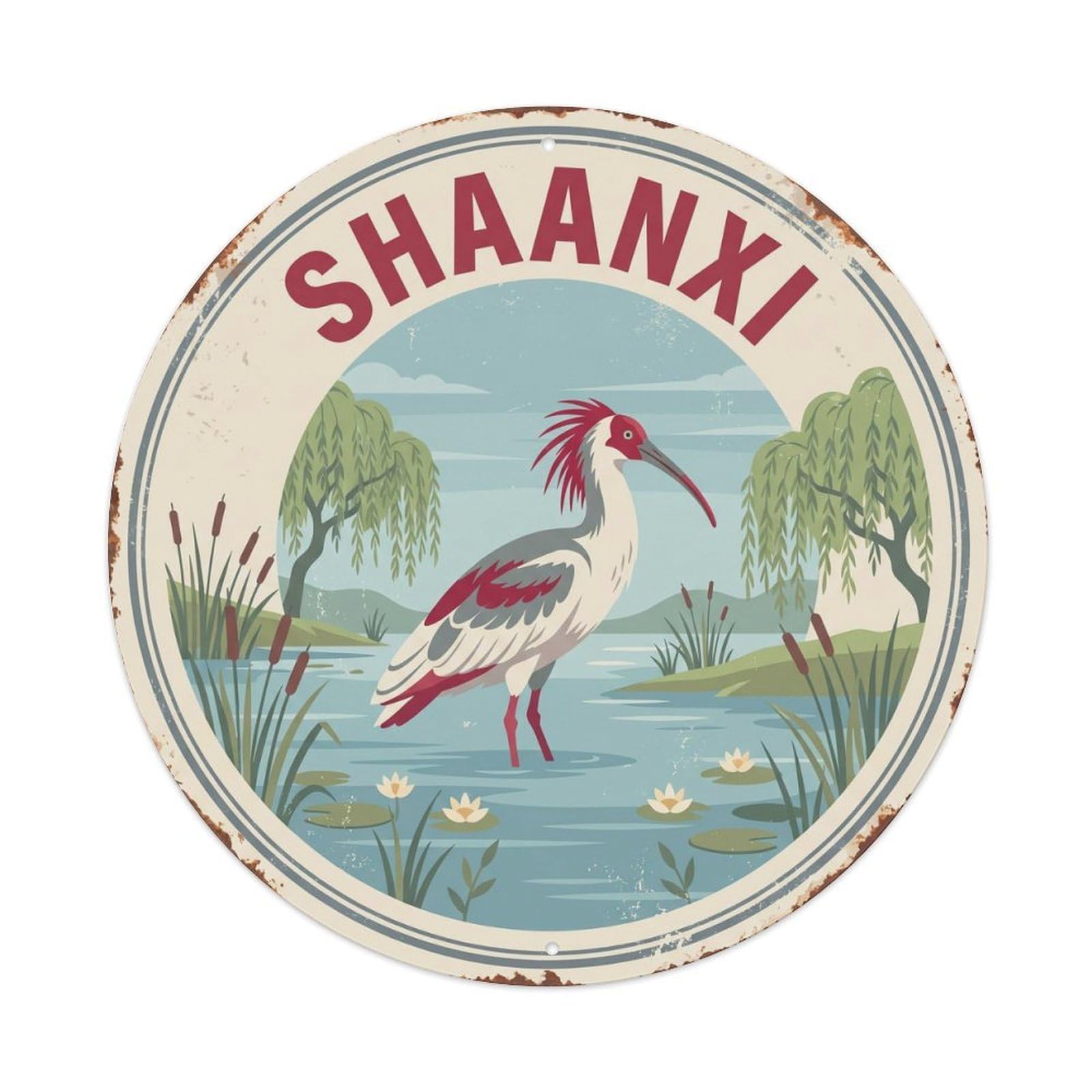 Shaanxi Crested Ibis Wetland Reeds Vintage Metal Tin Sign Plaque Wall Decor for Cafe, Club Bar, Office, Garden Metal Poster 8x8Inch