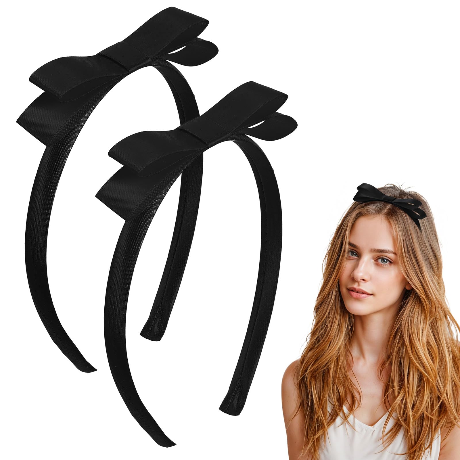 2 Pcs Black Bow Headband for Women Cute Bowknot Headbands Bow Knotted Hair Hoop Princess Hair Accessories for Christmas World Book Day Birthday Party Costume Daily Decor