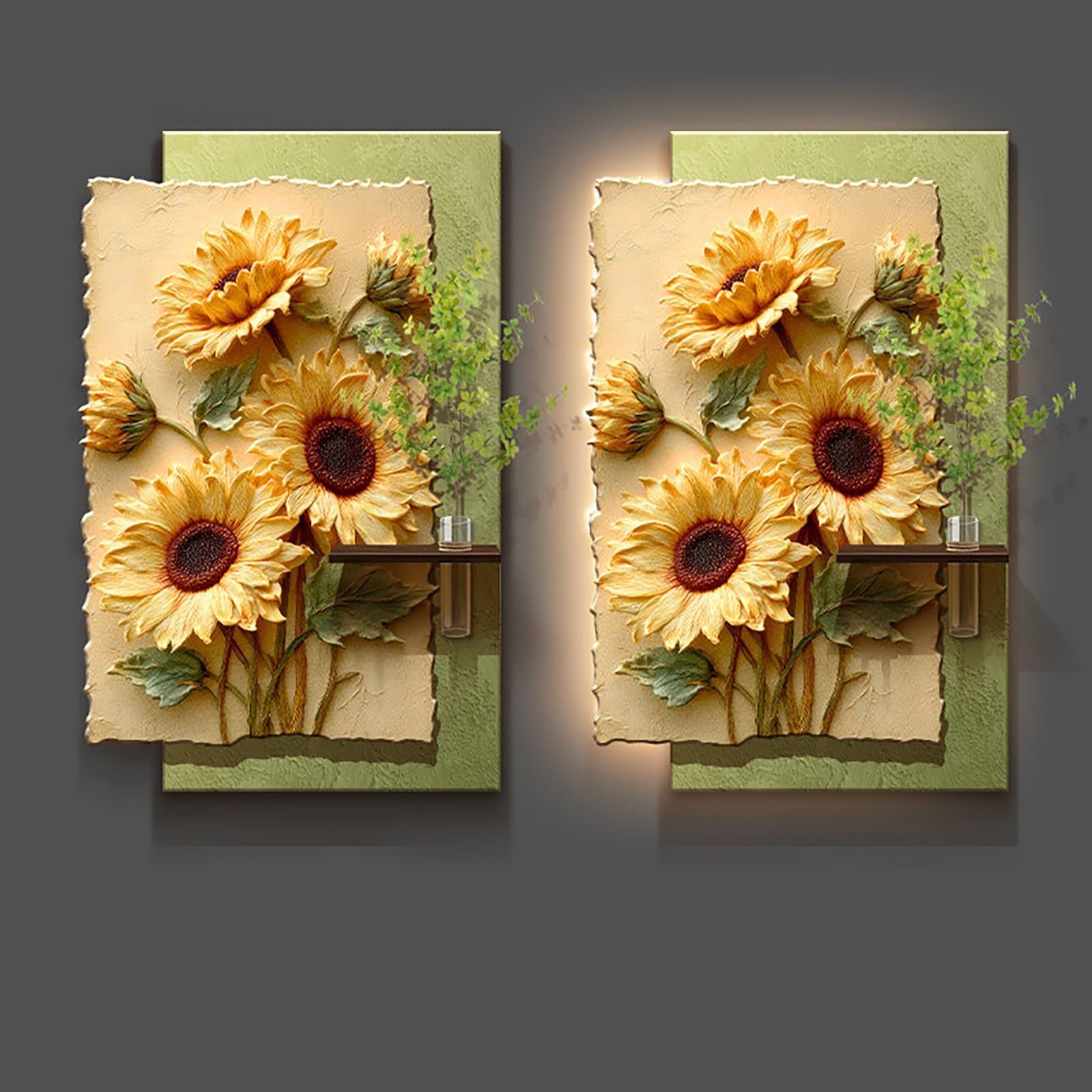 ZCQMSCWW Sandstone Textured Art with LED Backlight, 3D Relief Sunflower Wall Sculpture, Multifunctional Entryway Hallway Decor with Display Shelf & Plant Vase