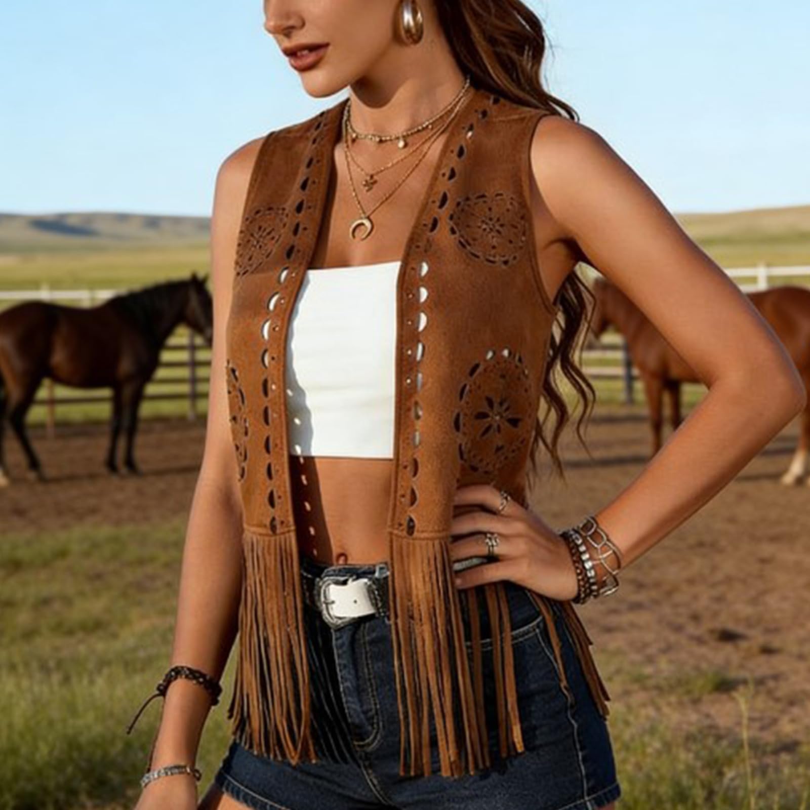 Donne ' s Moda Frange Vest Design Traspirante Retro Hippie Outwear Senza Maniche per Abiti Quotidiani Damen Fransenweste Gilet
