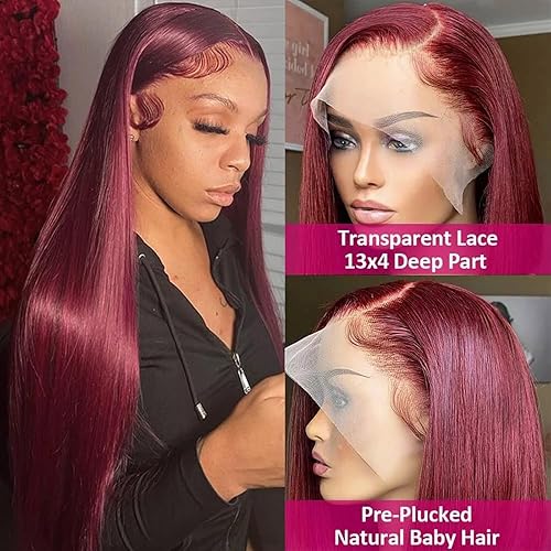 Miniatura 2 de Pelucas de cabello humano con encaje frontal color burdeos 99j prearrancadas de 13 x 4, pelucas de cabello humano lacio con encaje frontal de 180 %