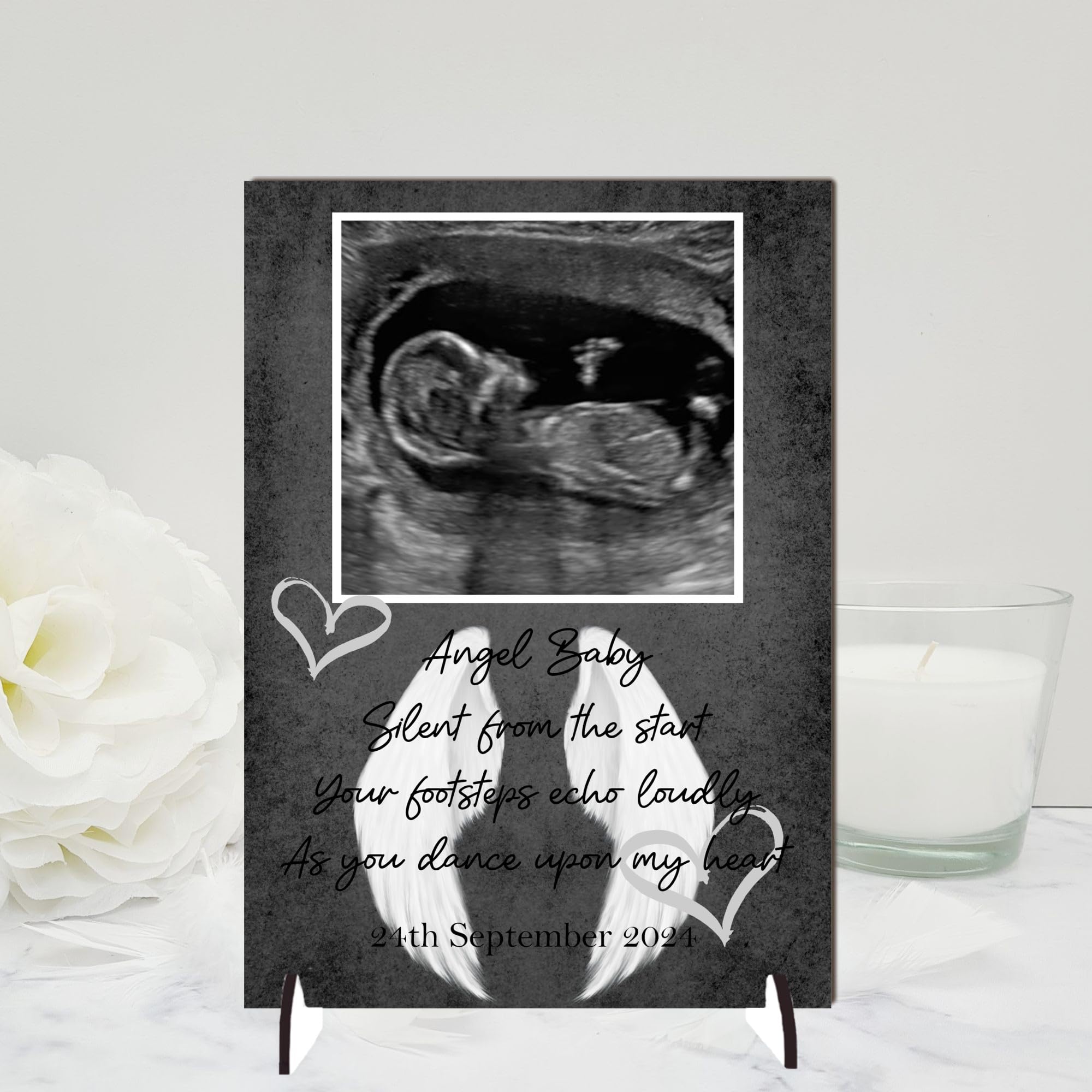 Personalised Angel Baby Memorial Plaque – Memorial Sign with Angel Wings Design | Commemorative Baby Loss Plaque with Sonogram Image (Mdf Wood Indoor Use Only, A4 30cm x 21cm)