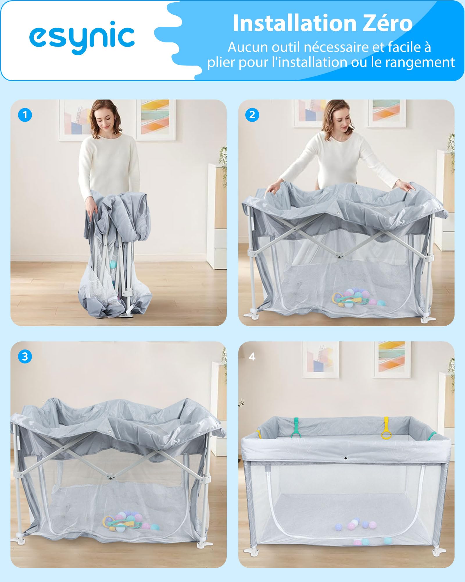 eSynic Parc Bébé 120x120cm avec 10 Boules et 4 Poignées Parc Bebe Pliable pas de Montage Enceinte Modulaire Pliable Porte avec Fermeture Éclair Éxtérieure avec Sac de Voyage Portable - Gris