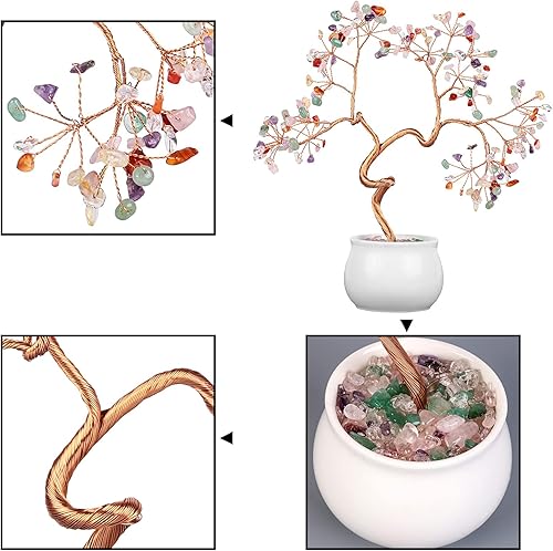 Miniatura 3 de Rockcloud Árbol de dinero de piedra de cristal colorido de 8.5 pulgadas Fengshui bonsái con base de cerámica para buena suerte, riqueza, hogar,