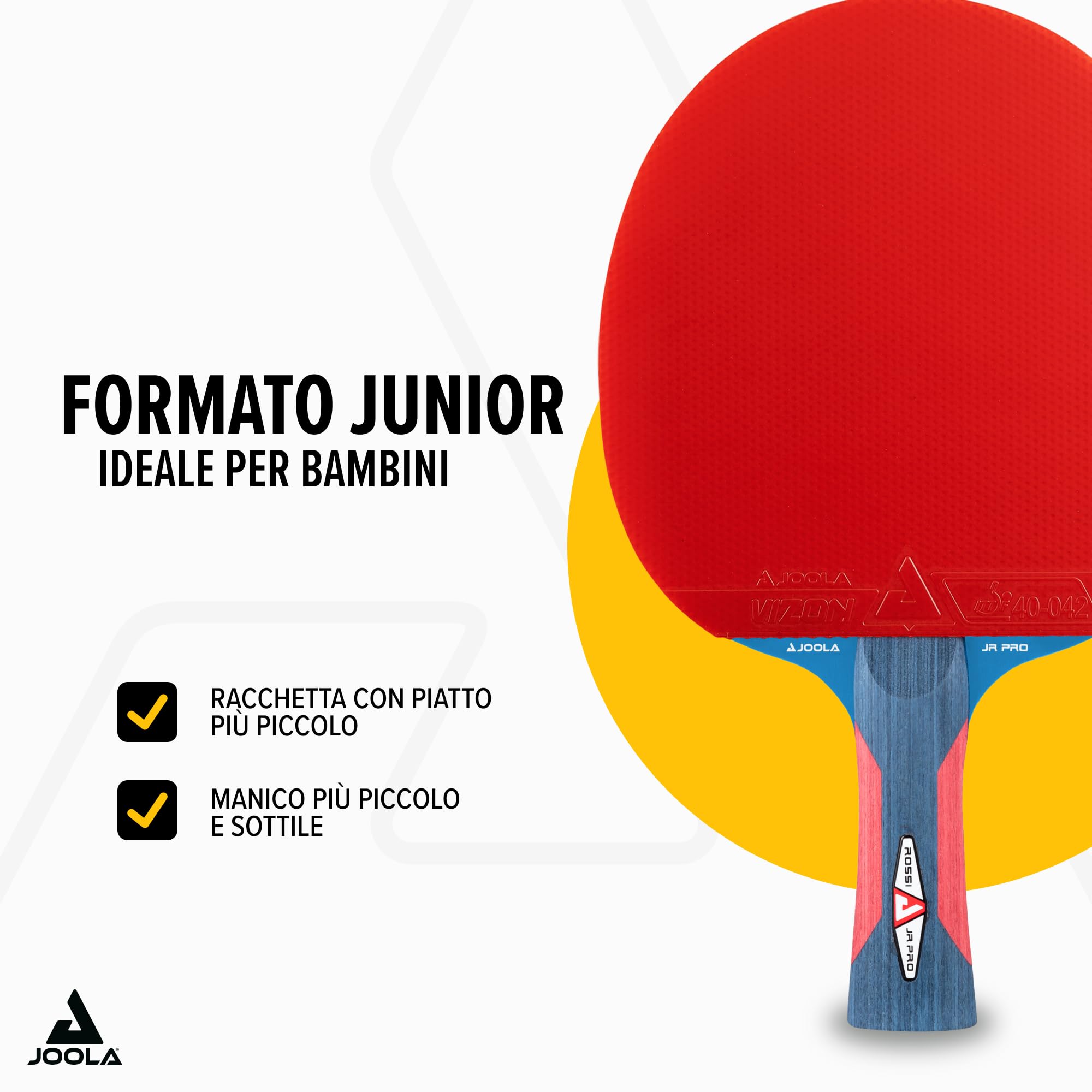 JOOLA Racchetta da ping pong Rosskopf Junior Pro approvato ITTF, racchetta da ping pong 5 stelle, manico blu/rosso, spessore spugna 1,8 mm
