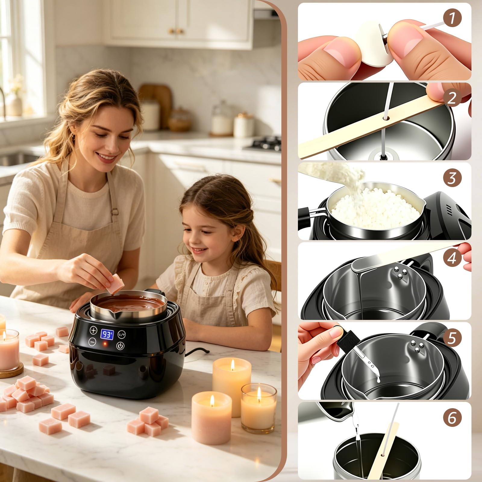 Turmegtt Fondeur de Cire Bougie 1L, pour Kit de Fabrication de Bougies | Chauffe Cire Bougie avec Affichage LED Et Température Réglable, avec Bec Verseur, Mèches, Autocollants Et Cuillère à Mélanger