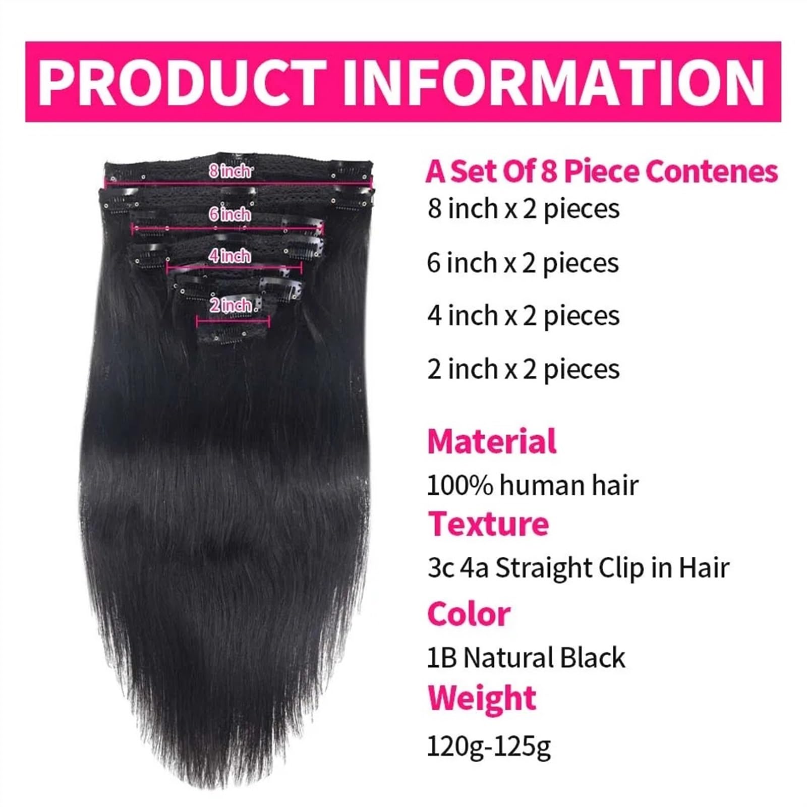 18 Inch Clip In Human Hair Extensions 8 Piece Set Straight Double Weft 8 Pcs Premium Human Hair Clip-In Extensions with 18 Clips  main image 2