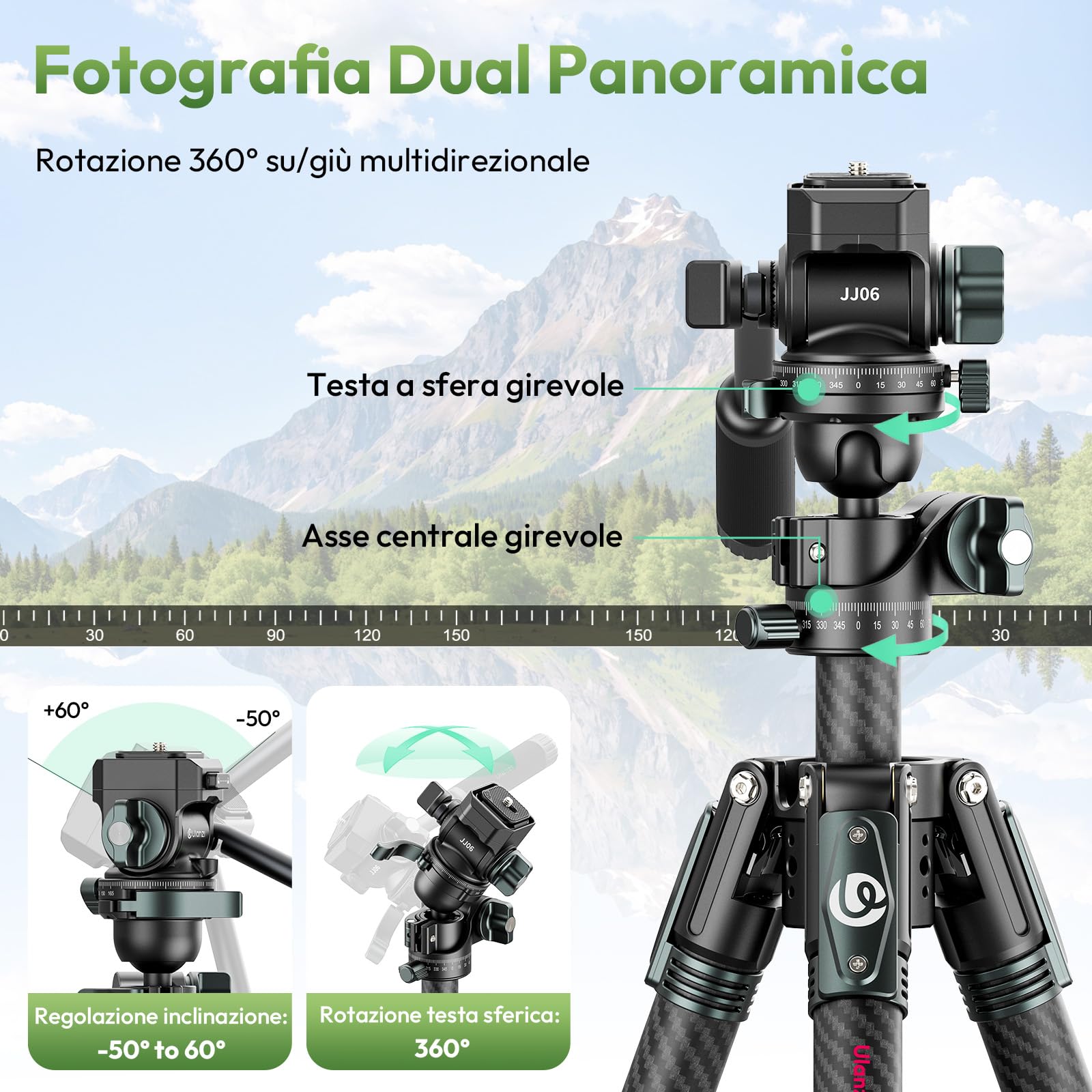 Ulanzi JJ06 GlideGo Treppiede da viaggio in Fibra di Carbonio, Pan&-50°/+60° Tilt Pan, Pesa 1.76kg, Portata 18kg, Altezza 187cm, Uka quick release, Compatto cavalletto fotografico per DSLR/Mirrorless