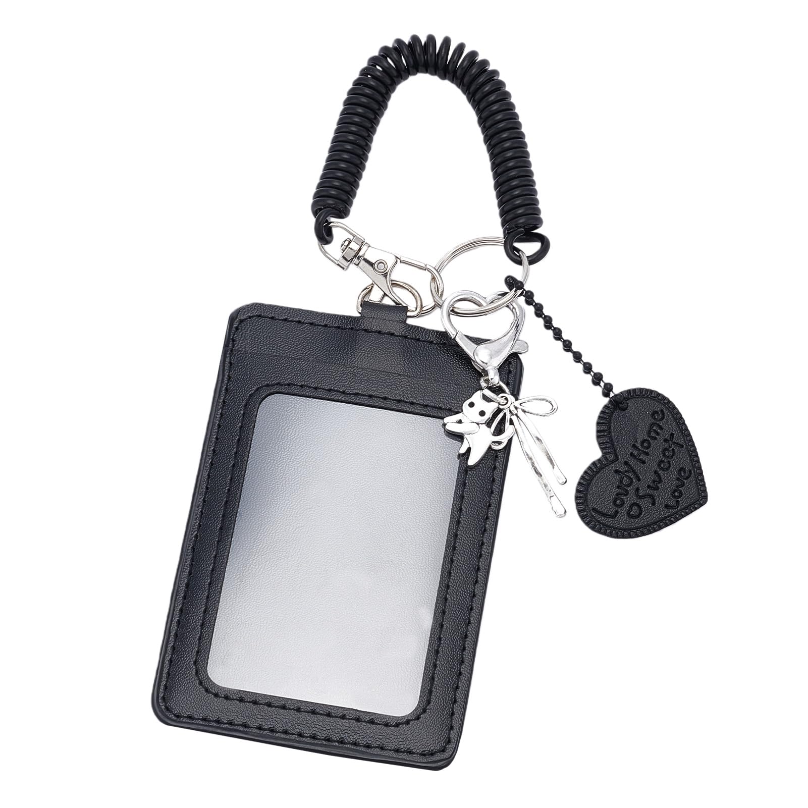NICENEEDED Kpop Photocard Holder, Black PU Protective Photocards Holder with Heart Keychain, Photocards Holder for Bus Card Photo Protector ID Badge Display