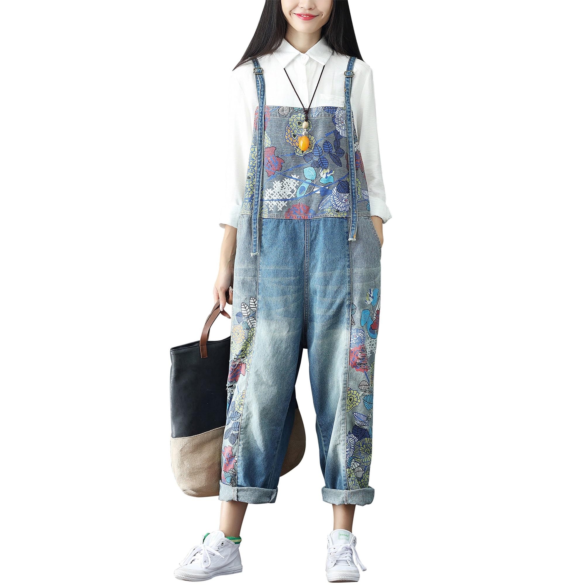Peto informal de mujer con estampados, corte holgado, pierna recta, tirante ajustable, traje con tirantes, peto vaquero