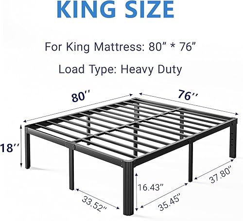 Miniatura 65 de Marco de cama de metal de alta resistencia de 16 pulgadas, marco de cama de plataforma tamaño matrimonial, no necesita somier, sin ruido, fácil