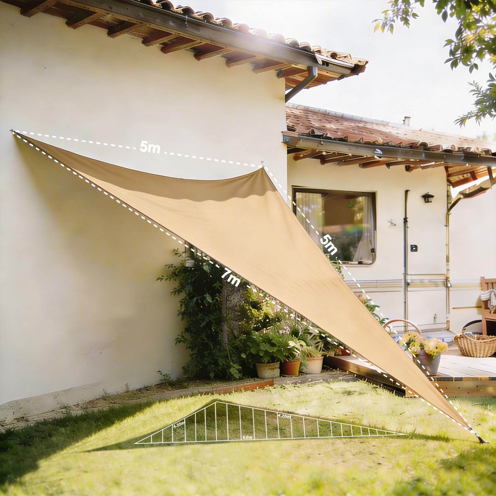 HAIKUS Tenda a Vela Triangolare 5x5x7,1 m, HDPE Traspirante, Vela Ombreggiante Triangolare 5x5x7, Telo Tenda da Sole per Esterno, Giardino Terrazza, Sabbia