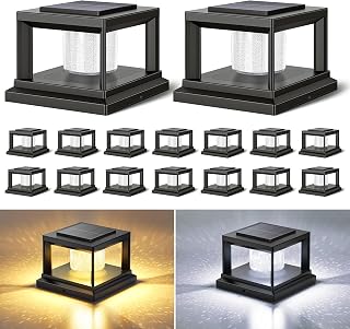 FOLKSMATE Solar Fence Post Cap Lights 16 Pack Outdoor Waterproof Black | 2 Lighting Modes Cool Warm White Solar Powered for 4x4 3.5x3.5 Wood Vinyl Posts Patio Garden Porch Decor