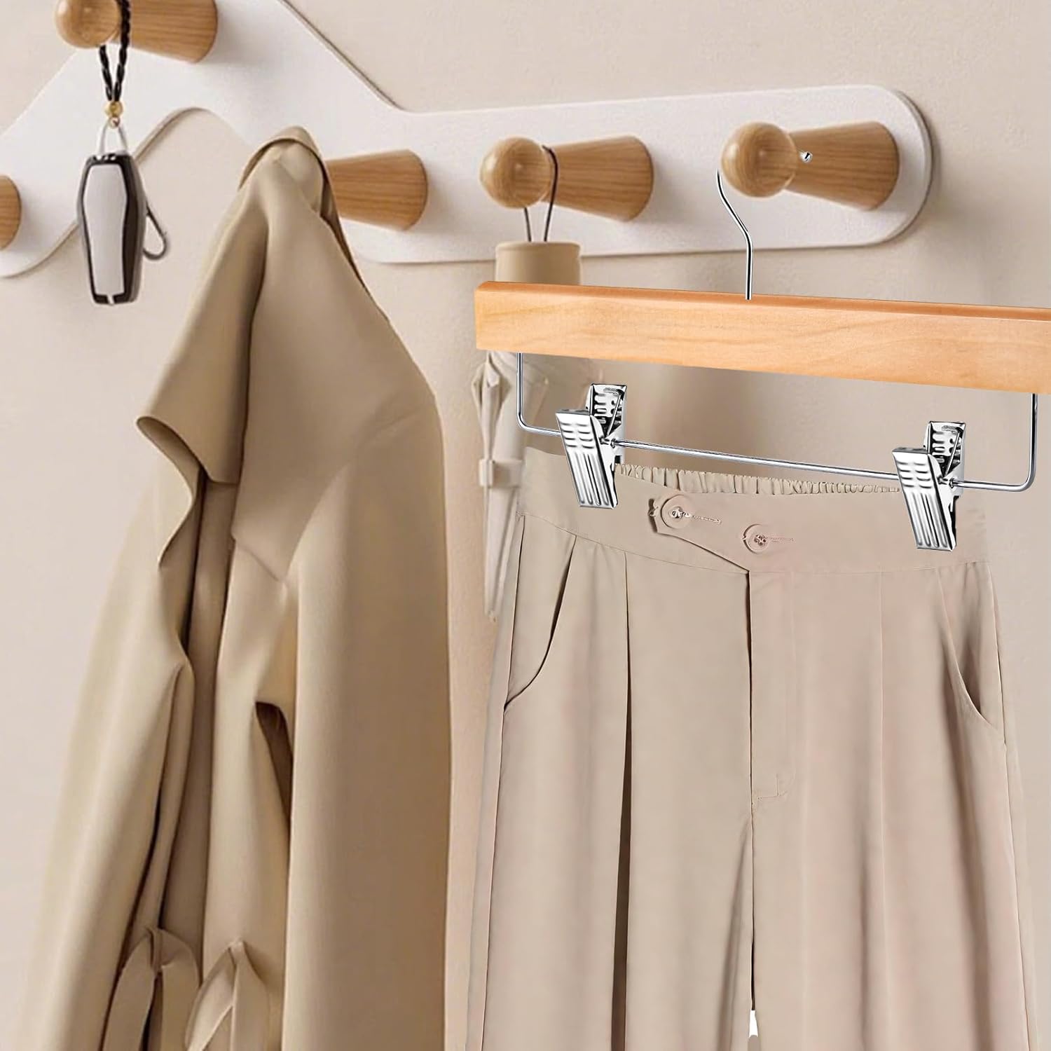 10 Pack Pants Hangers, Wood Clothes Hangers with 2-Adjustable Clips, Solid Wood Skirt Hanger, 360° Swivel Hook, Wooden Hanger for Jeans Shorts Slacks Skirts Trousers, Natural