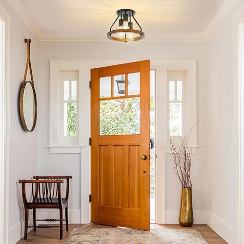 Miniatura 6 de Lámpara de techo industrial retro de montaje empotrado con pantalla circular de madera, 3 luces, luz de techo negra rústica para pasillo, entrada,