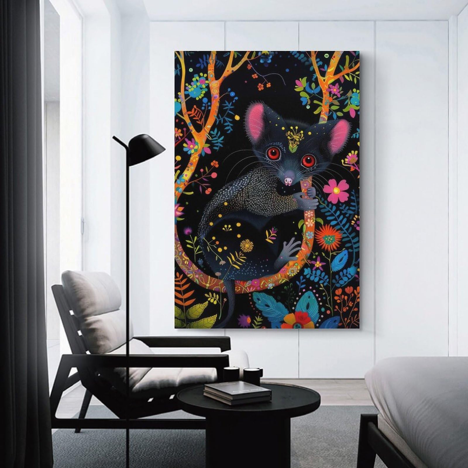 Junmoney Canvas Wall Decor Black Possum in Neon Floral Garden, 20x30inch(50x75cm), for Flats, Guest Rooms Or Compact Rooms, Wall Decor with Flexible Room Appeal