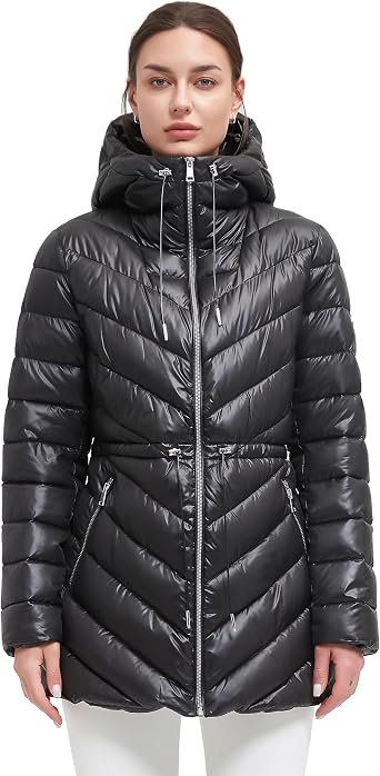 BINACL Womens Winter Warm Long Stylish Shiny Coat Outwear Pockets Quilted Thicken Hooded Parka Jacket with Adjustable Waist