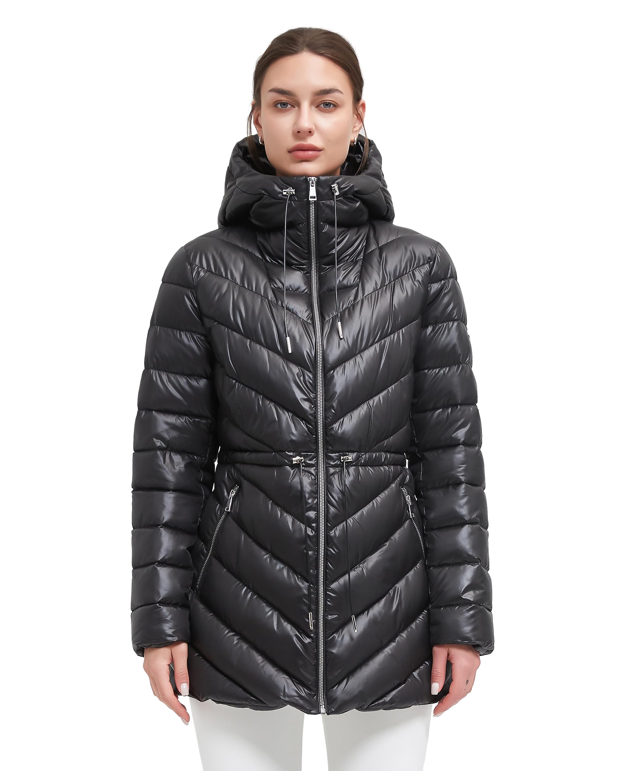 BINACL Women's Winter Warm Long Stylish Shiny Coat Outwear Pockets Quilted Thicken Hooded Parka Jacket with Adjustable Waist