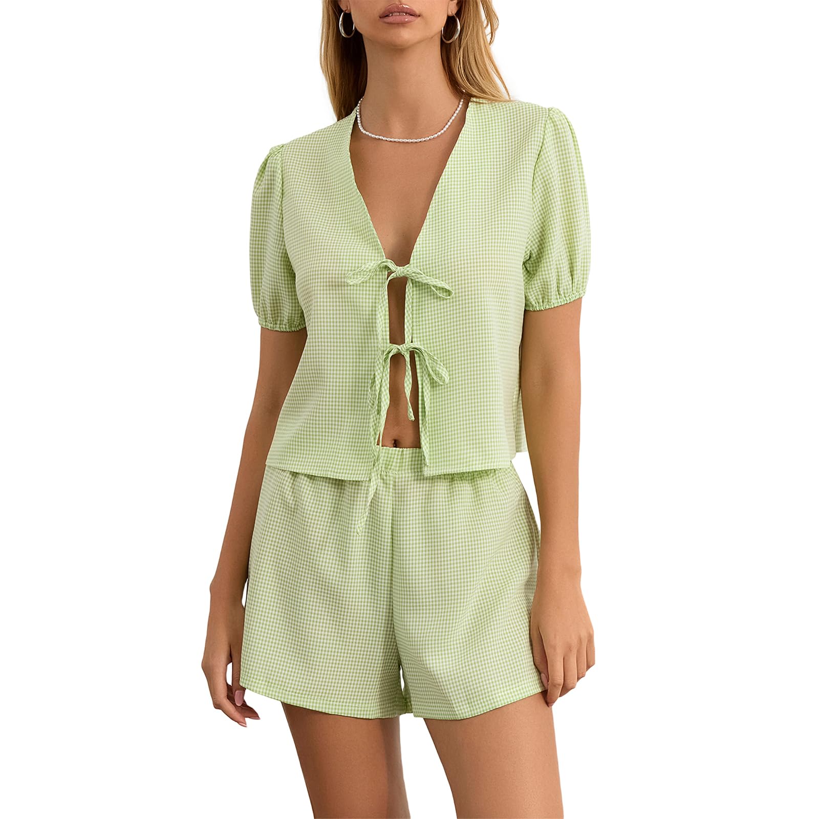 Women's Summer Plaid Outfits Ruffled Short Sleeve Tie-Up Front Peplum Tops with Elastic Waist Shorts Pajamas Pjs Sets Y2K Streetwear (Emerald Green#1, S)