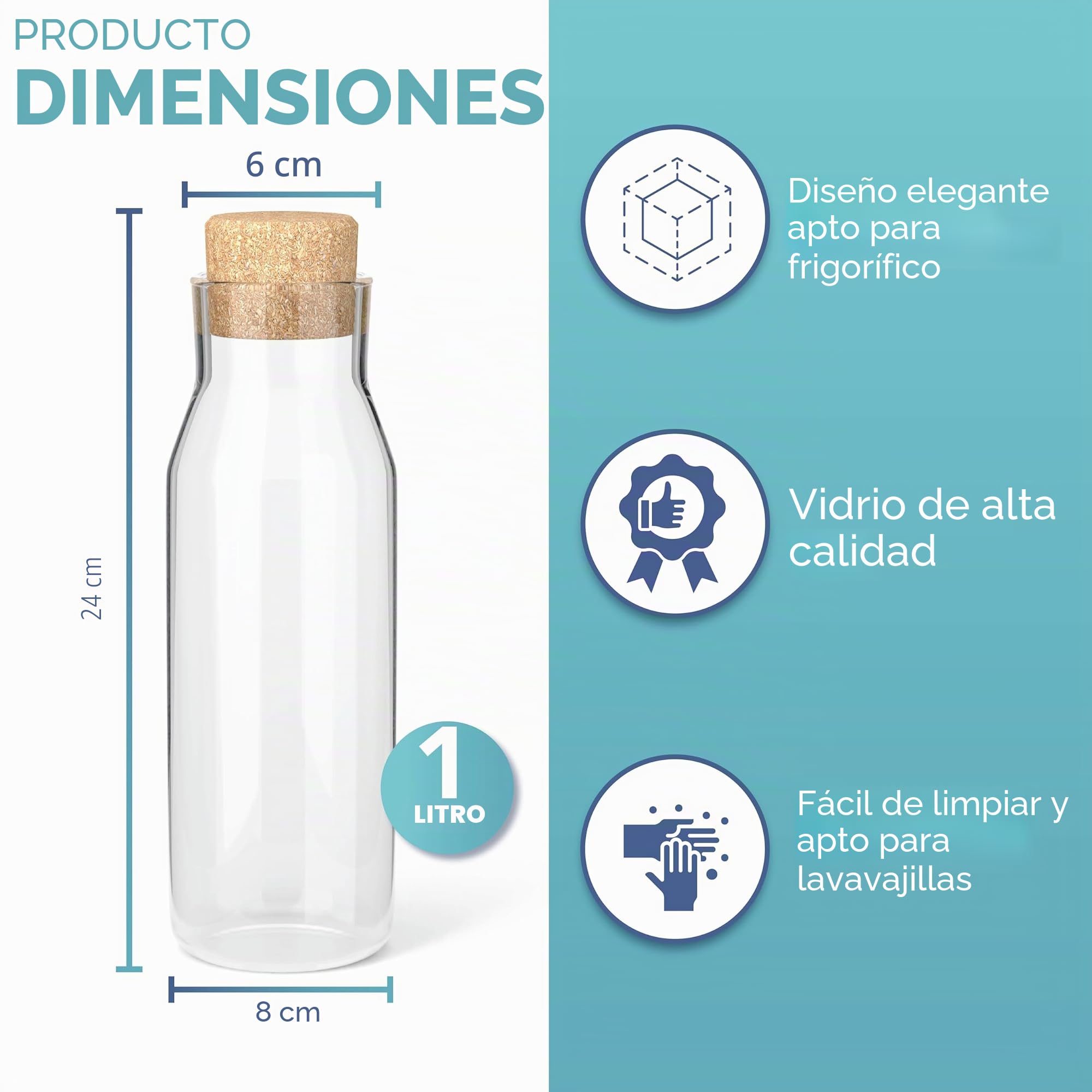 HEFTMAN Botellas de cristal con tapa de corcho (4 unidades, 1 litro)