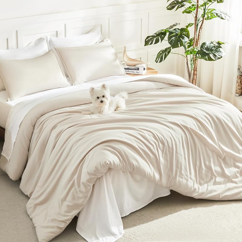Queen Comforter Set Beige, 3 Pieces Lightweight Solid Bed Set | Soft Fluffy Down Alternative All Season Quilt Blanket
