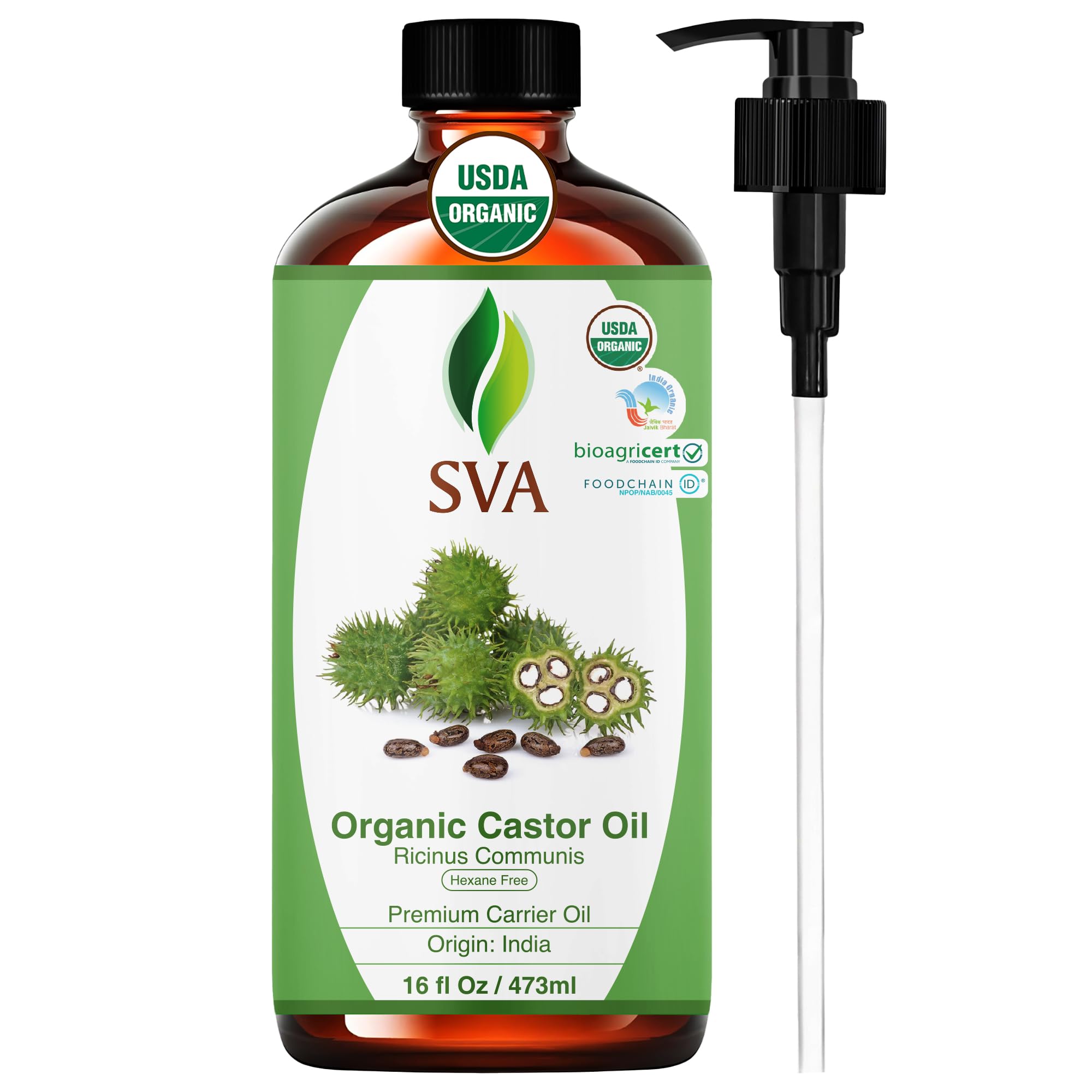 SVA Organic Castor Seed Carrier Oil, Large Size, 16 Oz (473 ml)