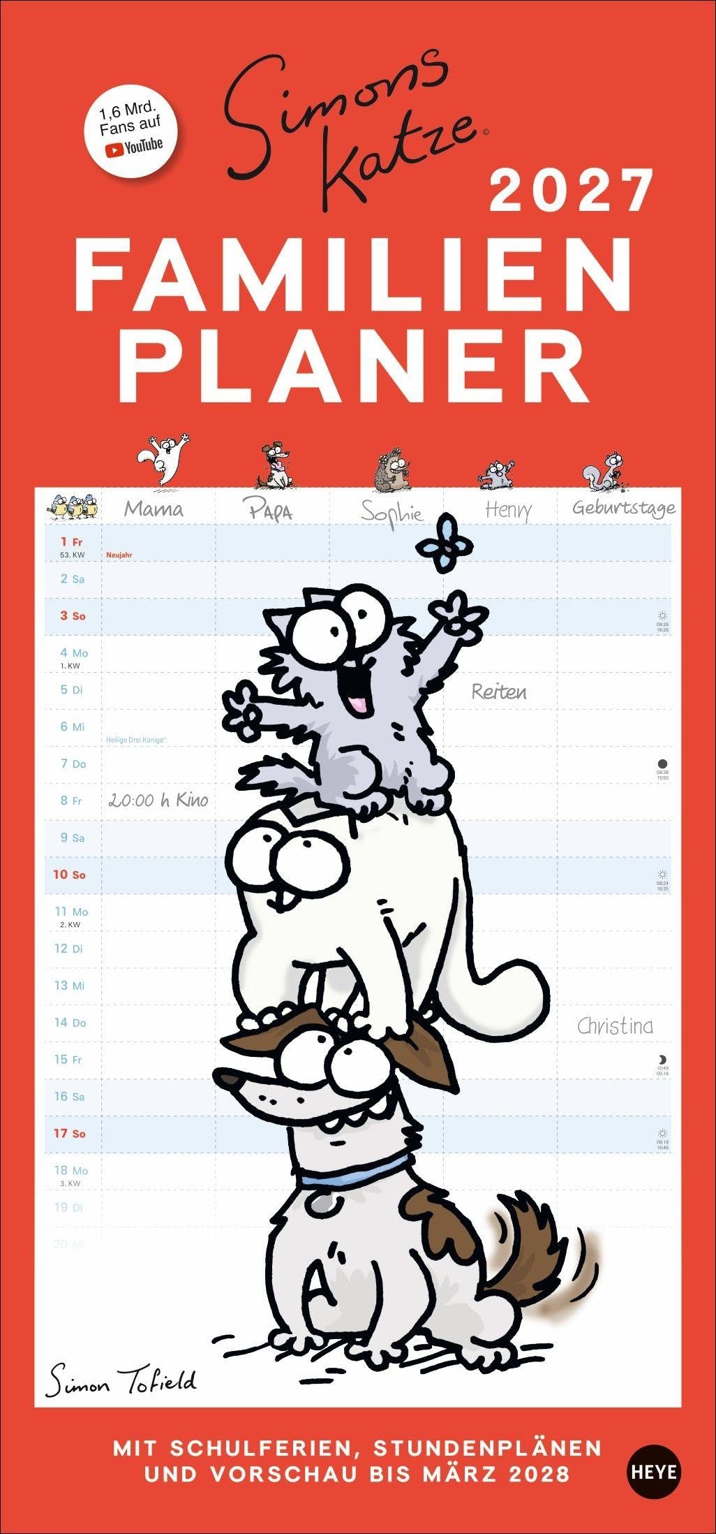 Simons Katze Familienplaner 2027: Familienkalender mit 5 Spalten. Humorvoll illustrierter Familien-Wandkalender mit Schulferien und Stundenplänen.