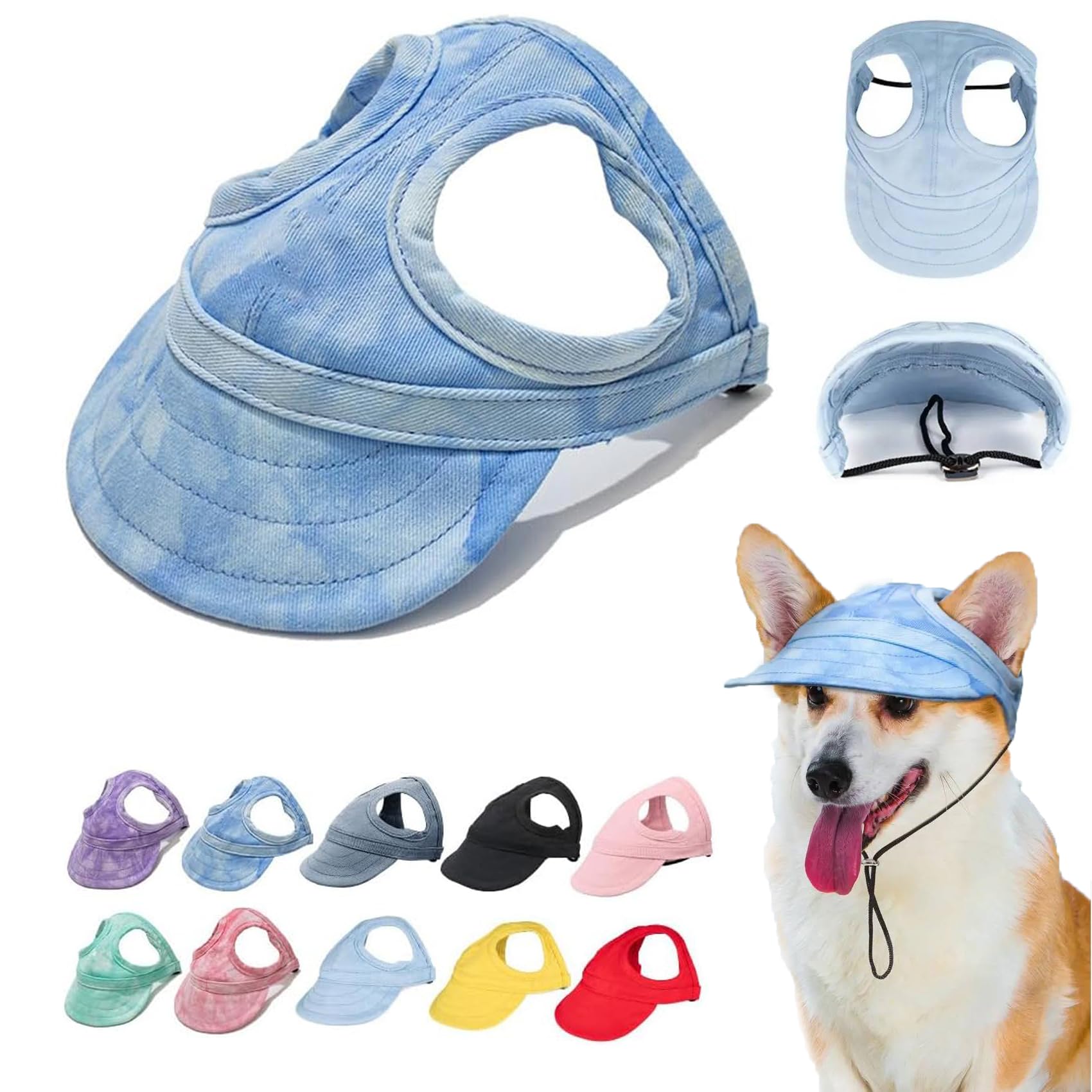 Outdoor Sun Protection Hood for Dogs, Adjustable Dog Sun Protection Baseball Hat Cap, Pet Baseball Hat Cap Visor Sunbonnet Outfit with Ear Holes for
