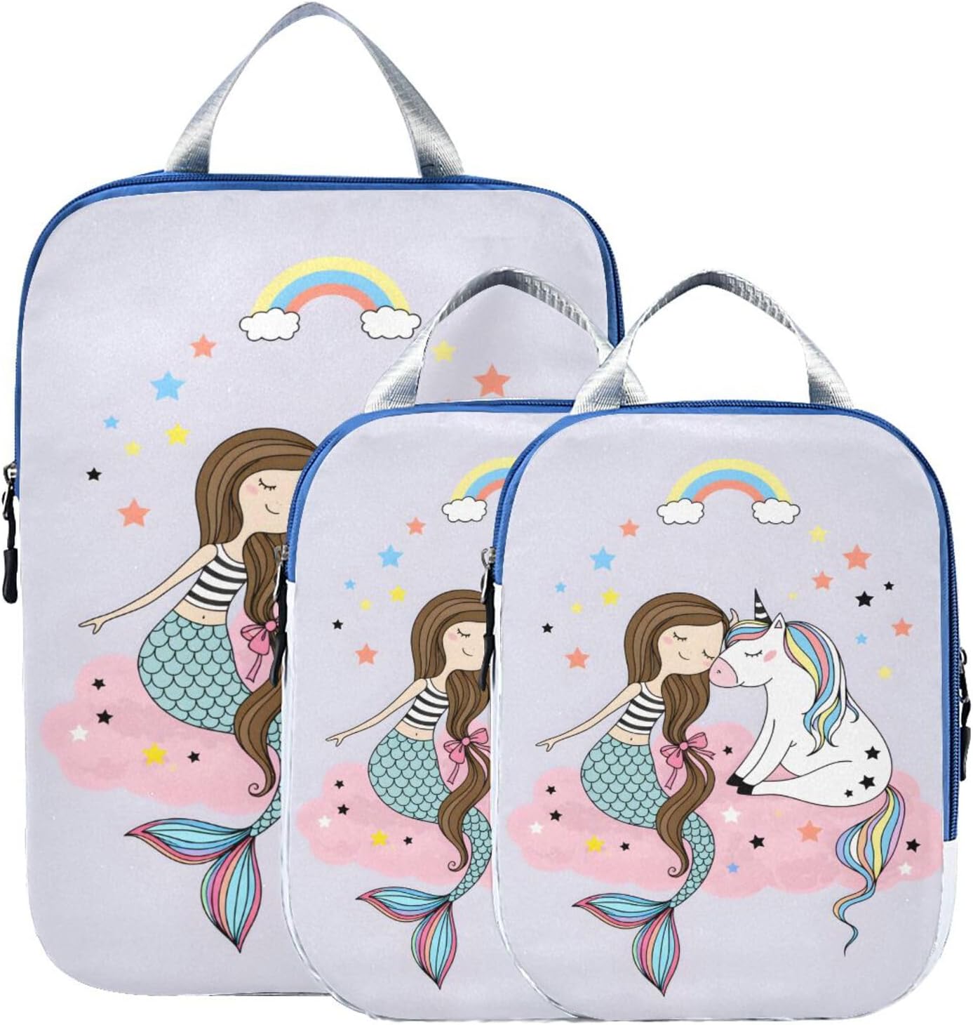 MNSRUU Packing Cubes Cute Unicorn Mermaid Girl Compression Luggage Cubes Packing Bags Travel Organizer for Suitcases, 3 PCS