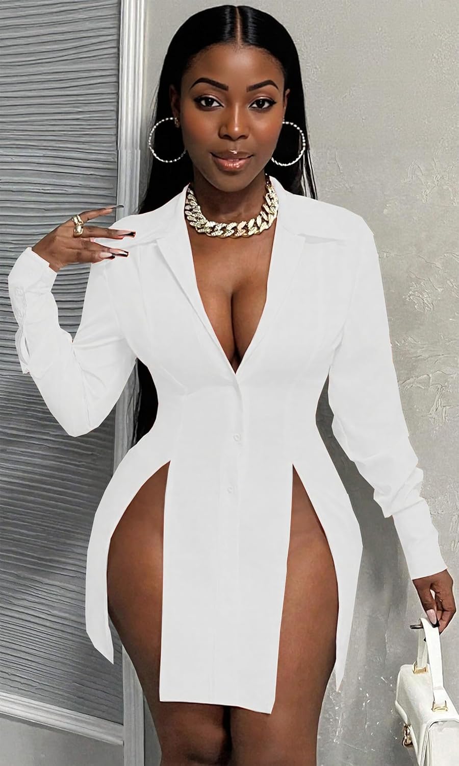 Womens Shirt Dress Button Down Long Sleeve Collar V Neck Sexy Slit Casual Loose Blouses Tops Mini Dresses for Women - Image 3