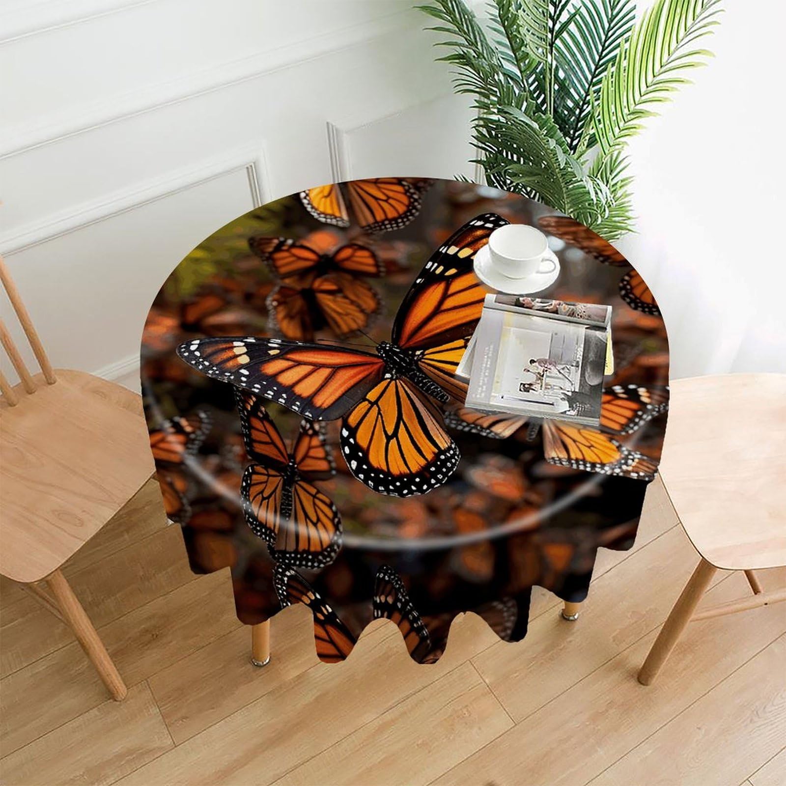 VstaDank Monarch Butterflies Tablecloth Easy to Clean Polyester Round Table Cover Washable Round Table Cloth Wrinkle-Free Circle Decoration Tablecloth for Kitchen Dining Room 60"