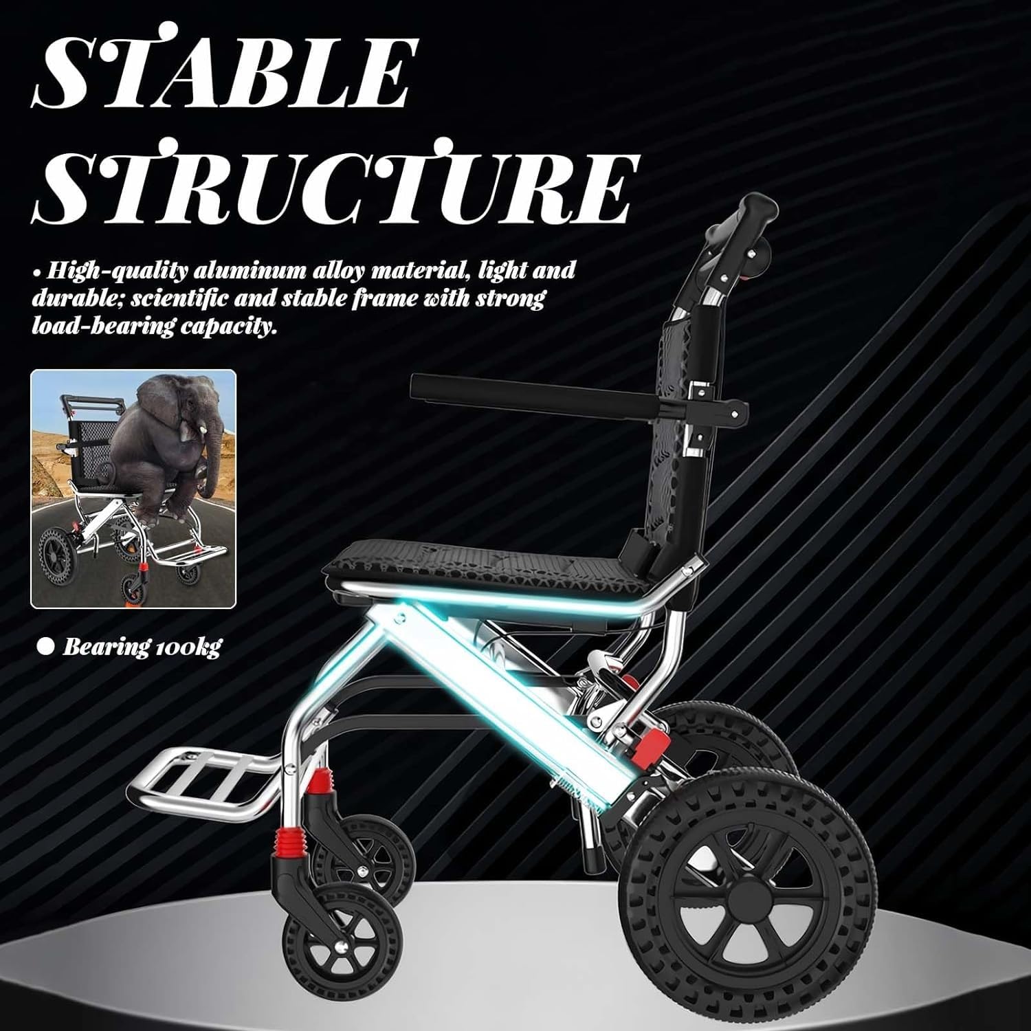 Silla de ruedas plegable de viaje con barra de tracción, diseño ultraligero para uso doméstico y festivo, marco de aluminio con neumáticos de 8 pulgadas y asiento de 45 cm