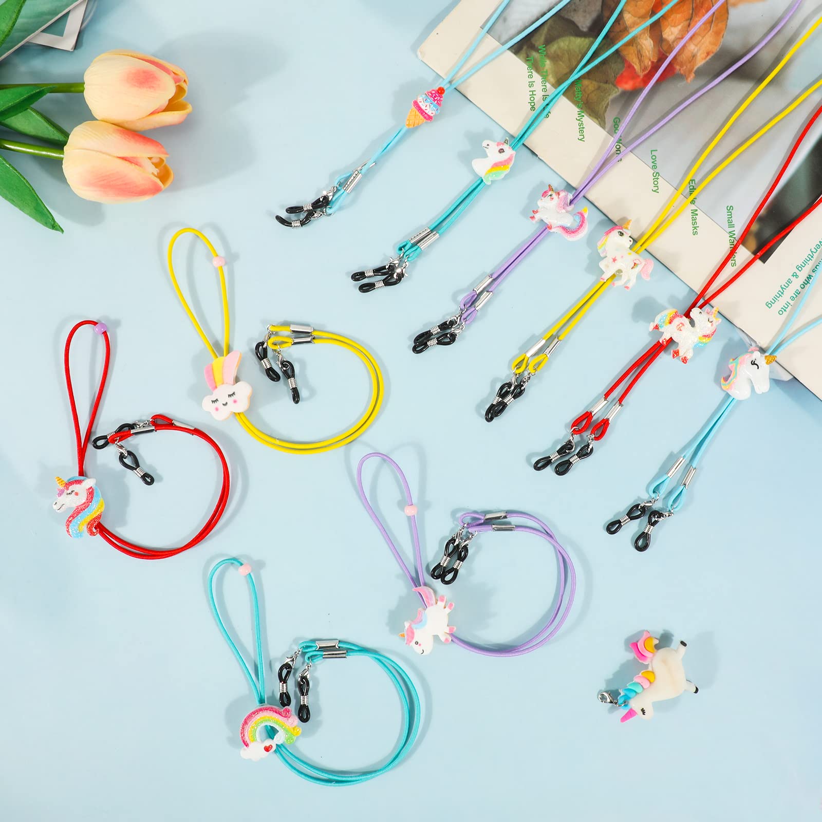 Hifot Correa Gafas para Niños 10 Piezas, Unicornio Gancho de Máscara Ajustable, Dibujos Animados Retenedor Cadenas Cordones para Gafas