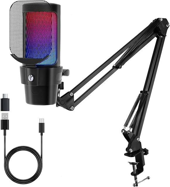 VCOM Jeu USB Microphone, Boom Bras Dynamique de Condenseur Mic pour Podcasting, Streaming, avec Boom Arm Stand, Quick Mute, Filtre de Pop,RGB Indicateur,Shock Mount,Rotate gain bouton, Compatible avec PS4/5/PC