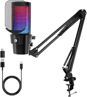 VCOM USB Microphone for PC, Gaming Mic with Boom Arm, RGB Modes, Quick M...