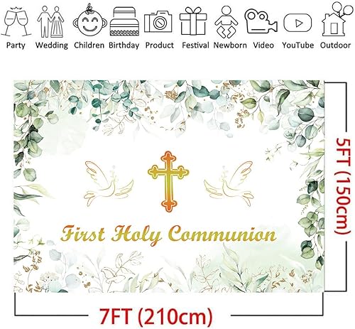 Miniatura 6 de Telón de fondo de 7 x 5 pies para la primera cruz comuniana que Dios bendiga para niños y niñas, decoración de fiesta de bautizo, hojas de eucalipto
