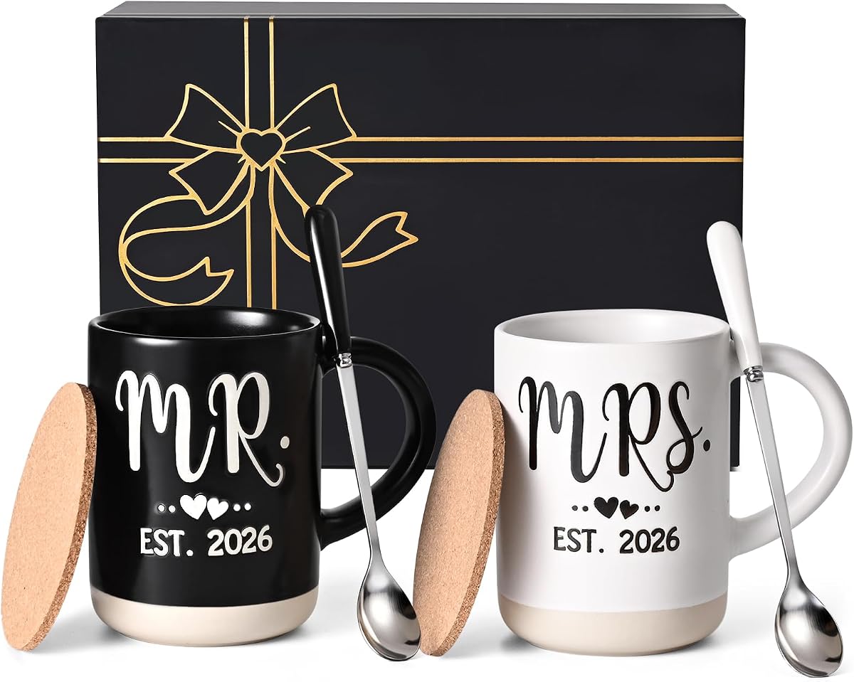 Cabtnca Mr and Mrs Est 2026 Mugs Set 16Oz, Weding Gifts for New Couples, Mr and Mrs Valentine's Day Gifts, His and Hers Coffee Mugs Set for Newlyweds Bride and Groom