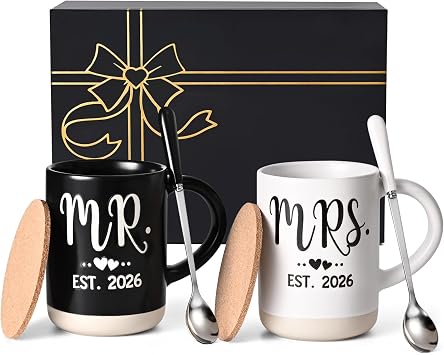 Cabtnca Mr and Mrs Est 2026 Mugs Set 16Oz, Weding Gifts for New Couples, Mr and Mrs Valentines Day Gifts, His and Hers Coffee Mugs Set for Newlyweds Bride and Groom