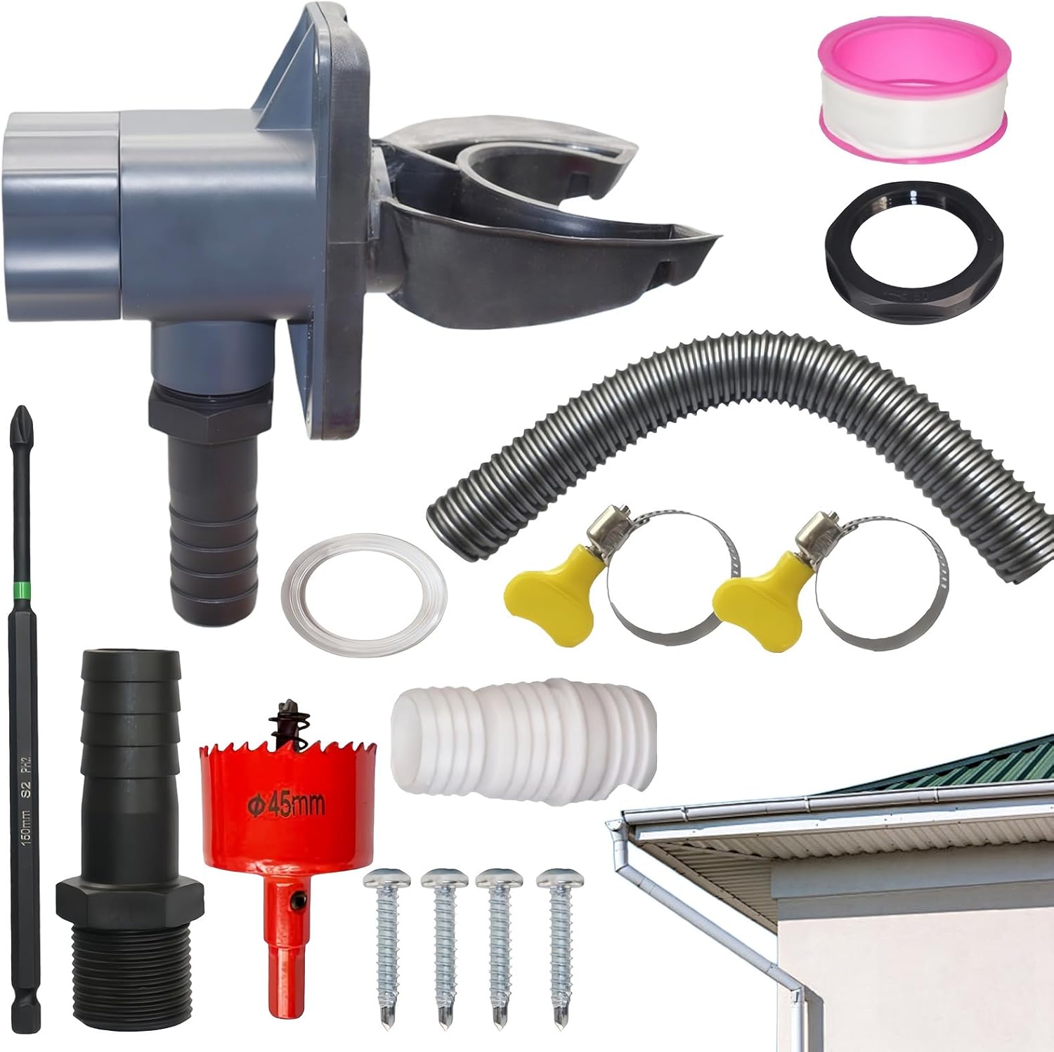 Rainwater Collector Downpipe - Roof Downspout Hose | Rainwater Collection Diverter Connector System | for 70-110mm Gutter Outdoor Home Garden Lawn Patio