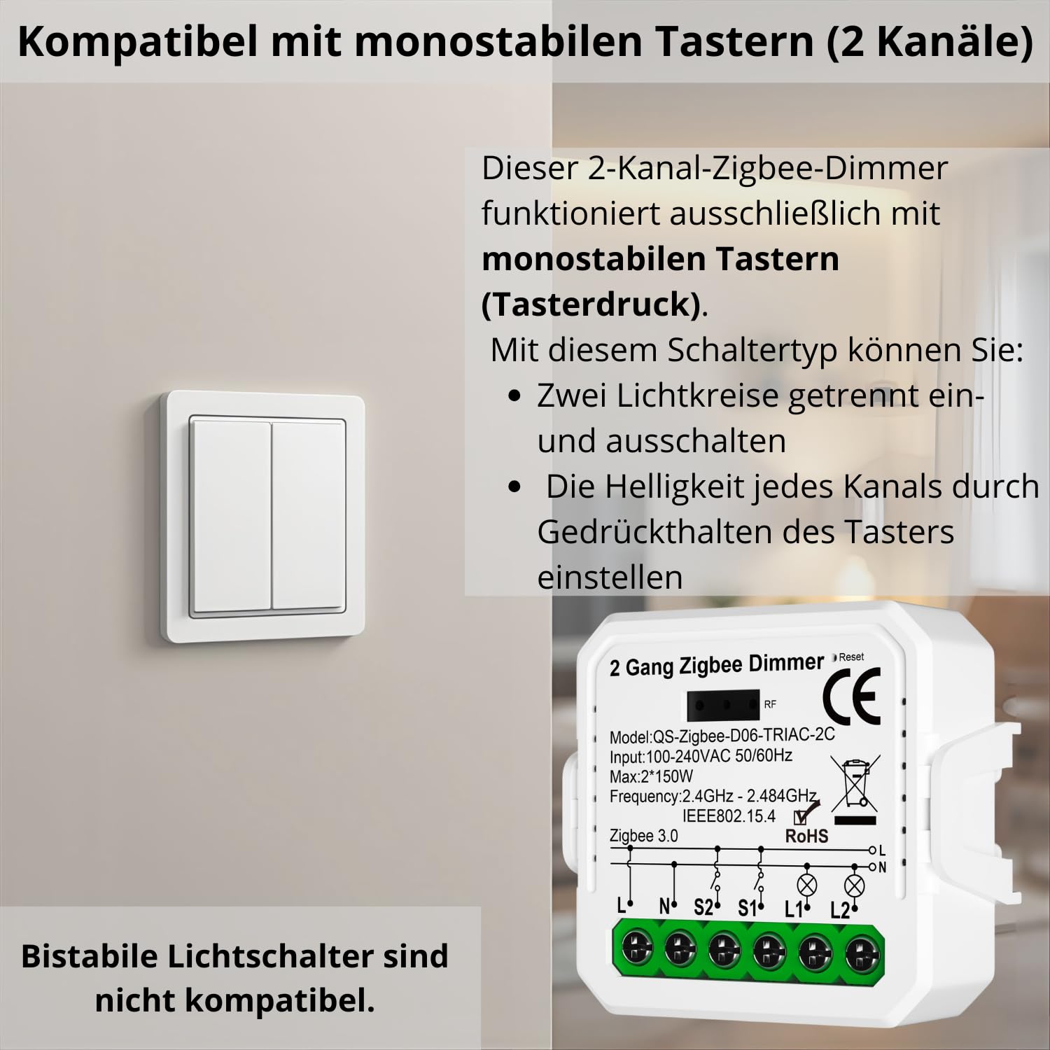 2 GANG Dimmer TUYA Zigbee MINI V3 regolatore di illuminazione