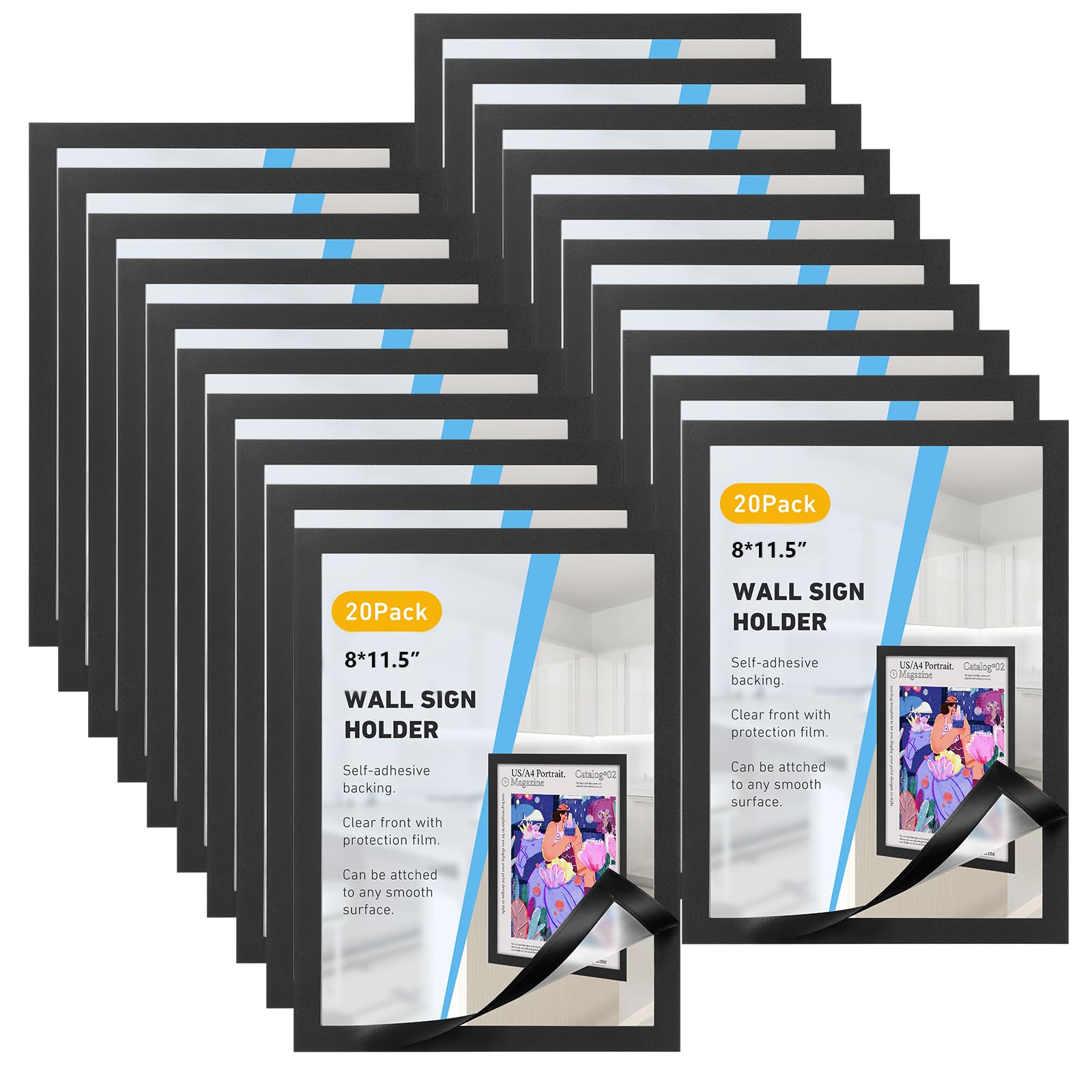 20 Pieces Magnetic Sign Holder 8 x 11.5inches, Self-Adhesive Door Window Document Reusable Adhesive Frames, Wall Glass Peel and Picture Frames (Black)