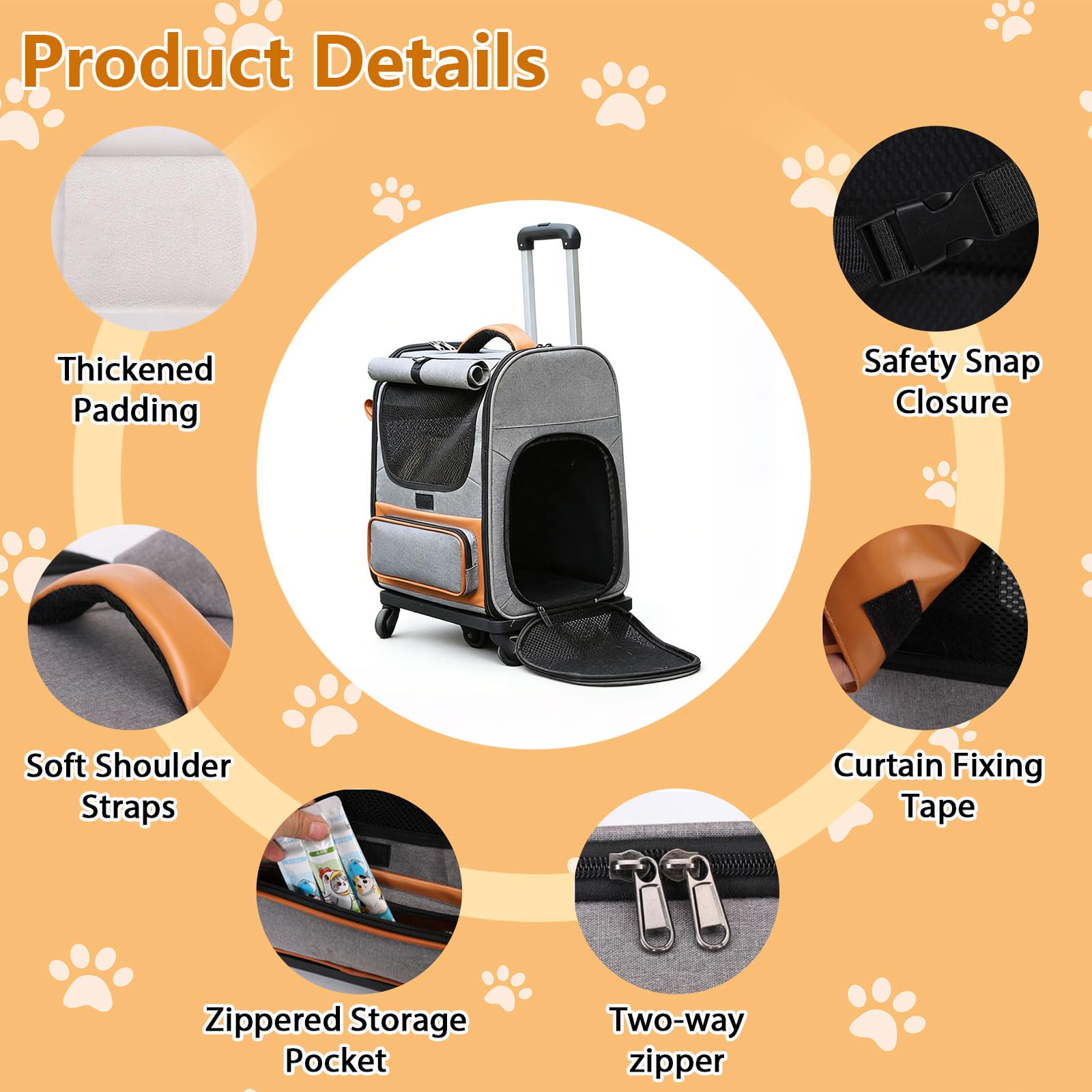 3-in-1 Katzenrucksack mit Rädern, Abnehmbaren Hunderucksack mit Sonnenschutzrollos, Belüftetes Design, Herausnehmbarer Matte, Faltbarer Hundetrolley,Transportbox Katze bis 10 kg