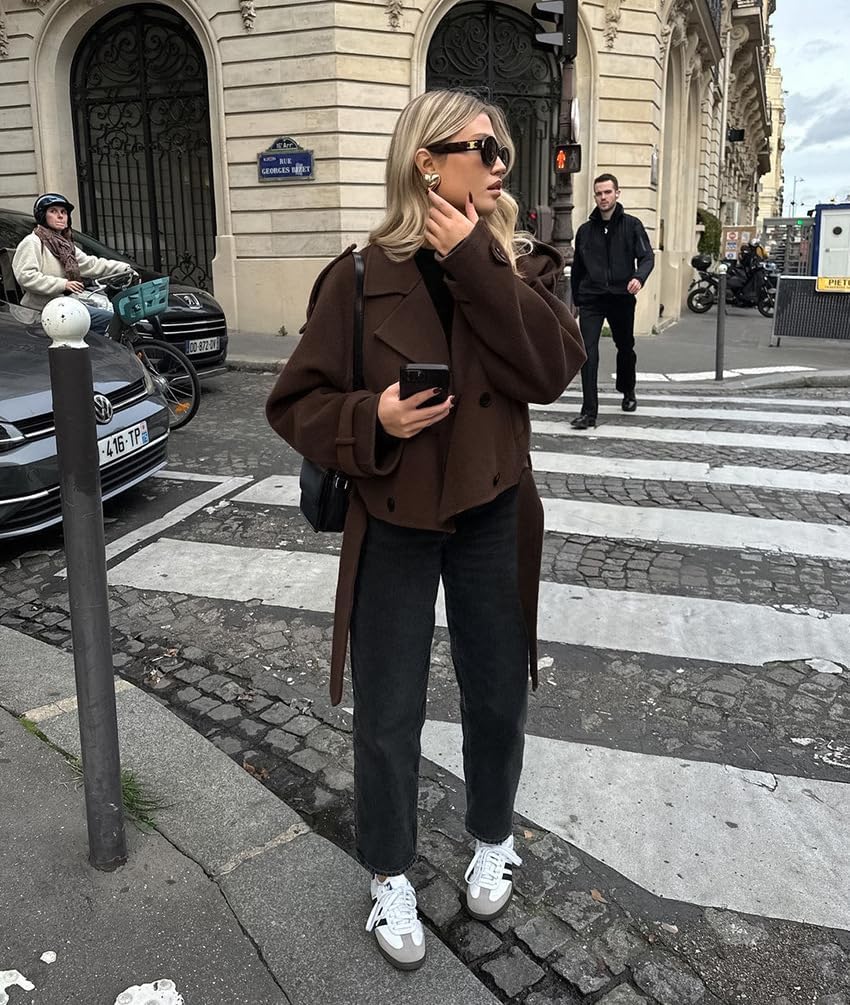 utcoco Womens Cropped Wool Coats Belted Double Breasted Pea Coat Short Jacket Notched Lapel Trench Coat with Pockets - Image 5