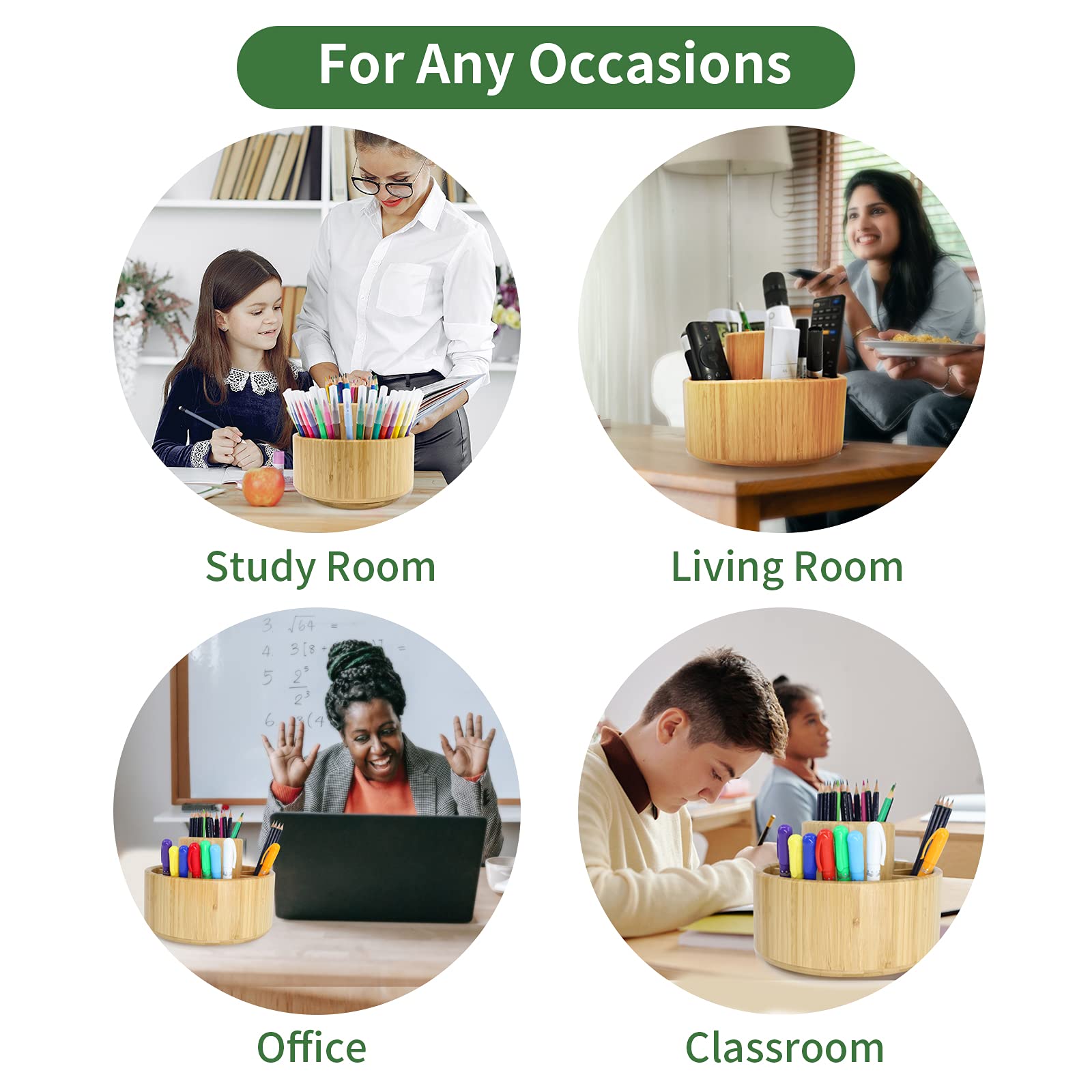 VaeFae Bamboo Pen Holder Organizer, Round Rotating Art Supply Organizer, Hold 420 Pencils, Desktop Storage for Marker Pens, Colored Pencil, Art Brushes, etc.