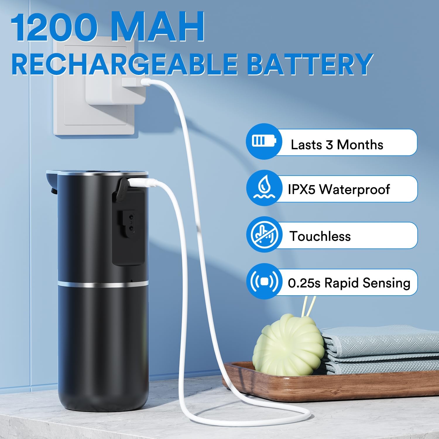 Fachixy Automatic Soap Dispenser with Digital Display,Rechargeable Wall Mounted Touchless Soap Dispenser,6 Adjustable Level,380ml,IPX5 Waterproof Liquid Soap Dispenser for Bathroom,Kitchen