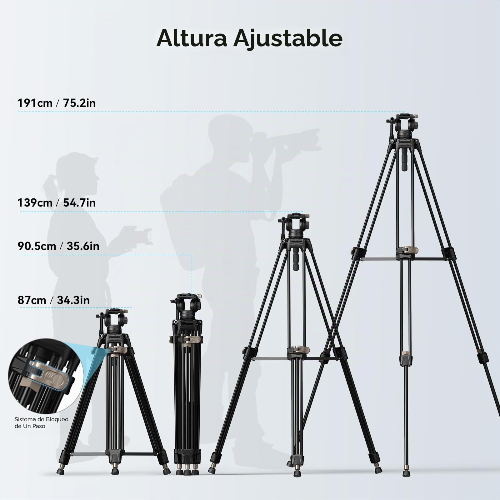 SMALLRIG Trípode de Vídeo Resistente con Cabezal Fluido, Trípode Profesional de 191cm con Adaptador de Cuenco de 75mm, Ajuste de Altura en un Solo Paso, Carga de hasta 8kg - 4163